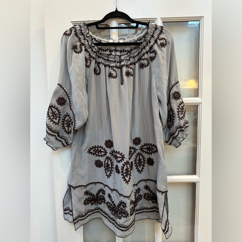 Anthropologie Blue Tassel Boho Hippie Chic 100% Silk Embroidered Dress Size XS